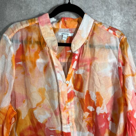 Chico's Shirt Womens Size 4 US 20 Orange Watercolor Button Front Lightweight - Picture 3 of 9